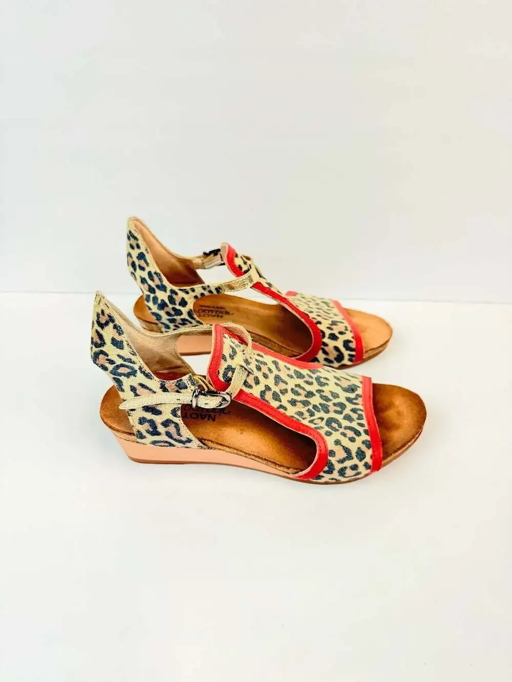 NAOT Fiona Wedge Sandals Cheetah Kiss Red Radiant Gold US 8 EU 39